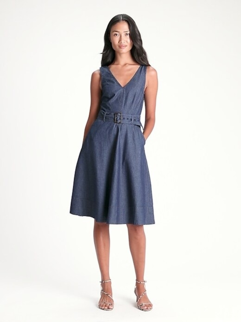 Banana Republic Denim V-Neck Midi Dress w/ Belt Size 4 NWT